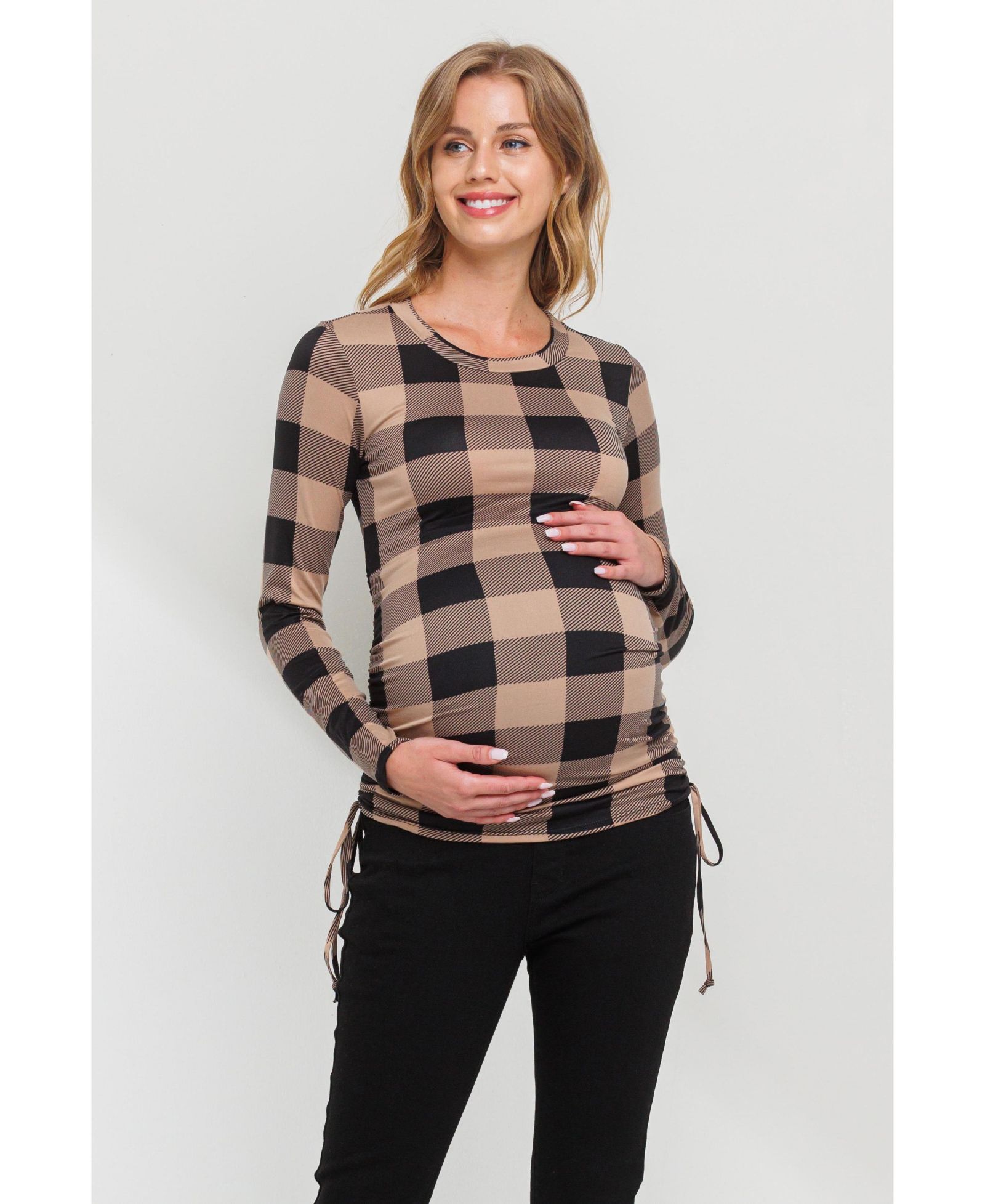 Hello Miz Maternity Plaid Side Ruched Long Sleeve Top