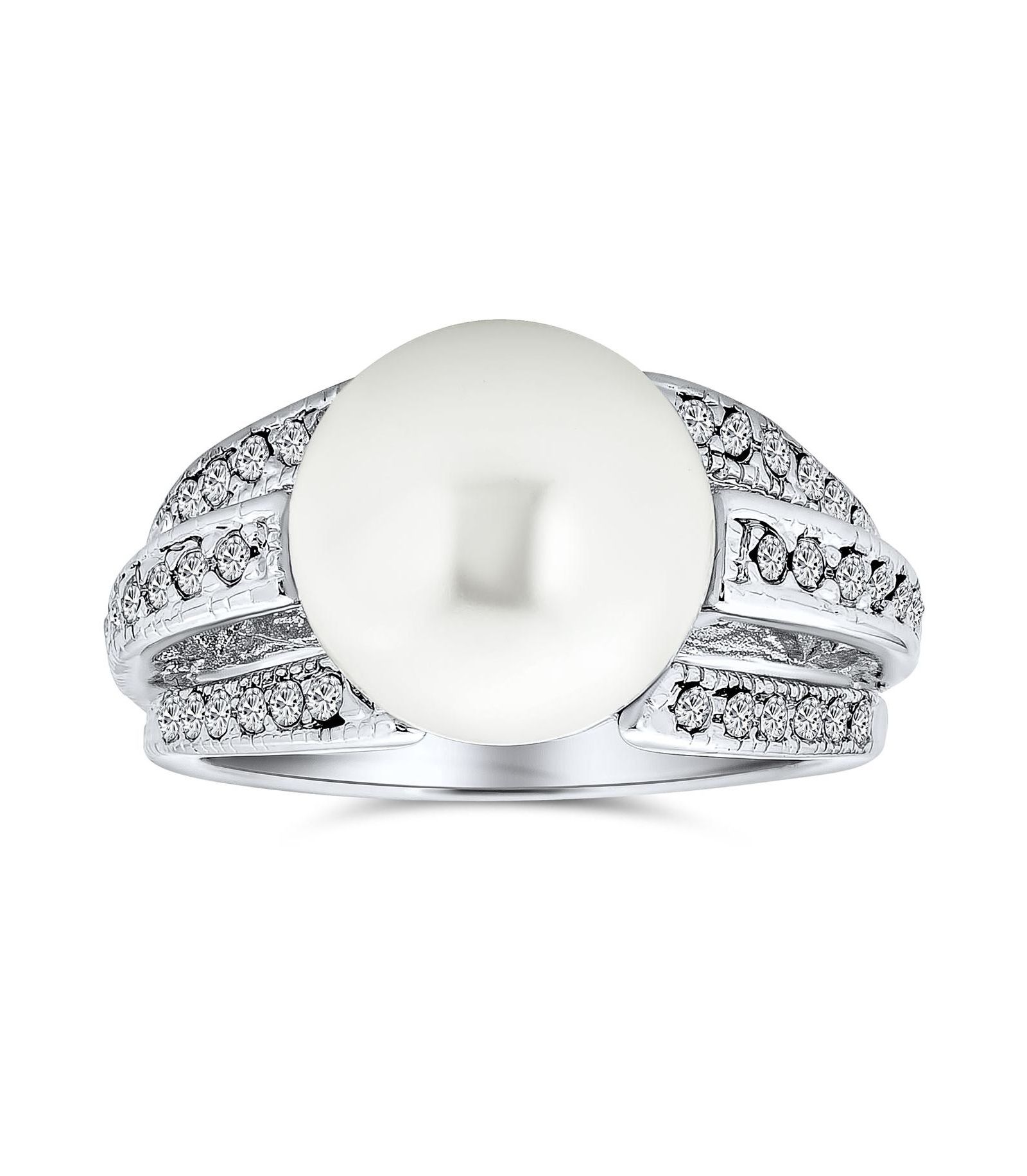 Bling Jewelry "Large White Pearl Cocktail Ring with Pave CZ Band, Silver Plated"
