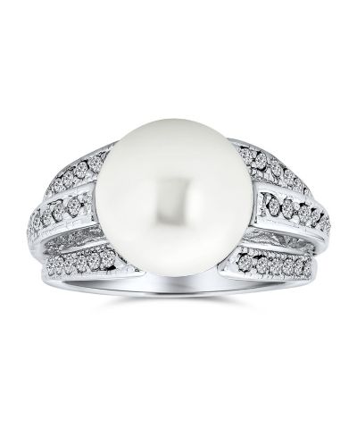 Коктейльное кольцо Bling Jewelry Large White Pearl с паве CZ, серебристое напыление