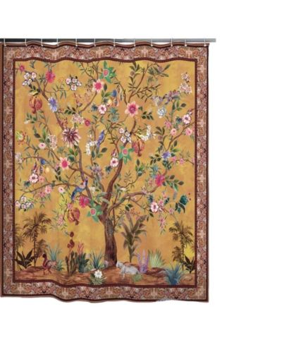 Slickblue 72-inch Brown Red Orange Green Floral Tree Birds Plants Flowers Shower Curtain