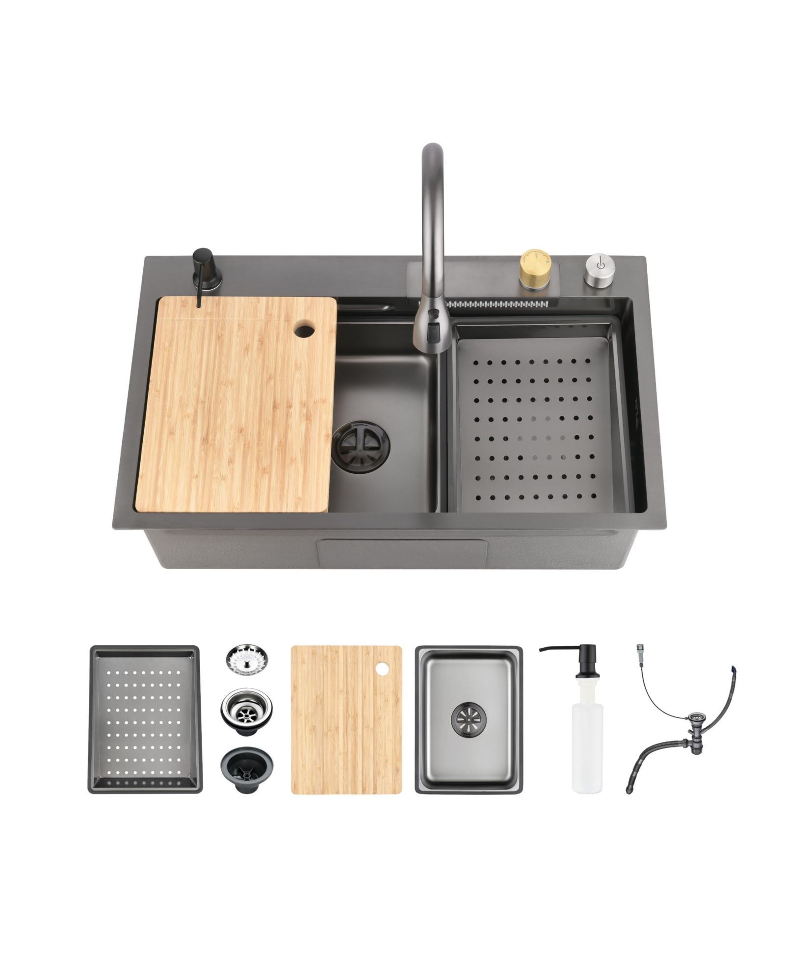 flynama 30x18inch Black Waterfall Kitchen Sink Stainless Steel Single Bowl Workstation with Cutting Board