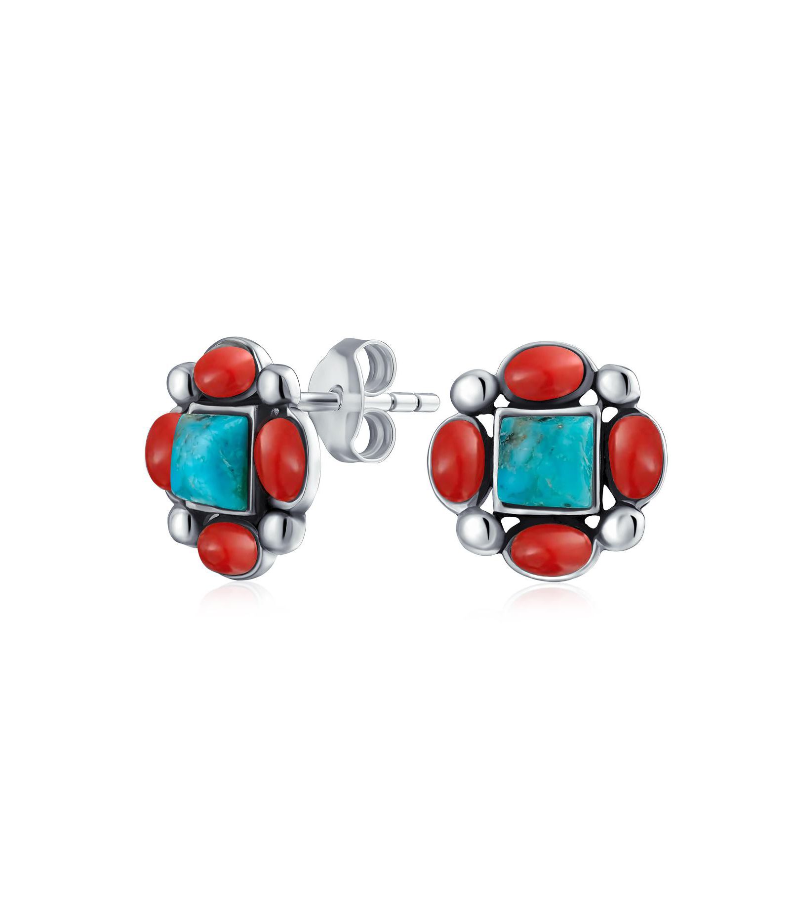 Bling Jewelry Turquoise Red Coral Multicolor Stud Earrings
