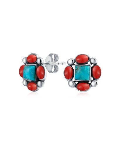 Серьги-гвоздики Bling Jewelry с бирюзой, красным кораллом и разноцветными вставками