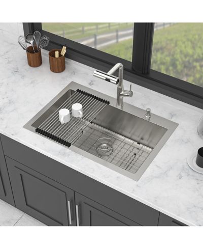flynama 33x22x10inch Drop In Kitchen Sink with Pull Out Faucet Soap Dispenser Stainless Steel Single Bowl 16 Gauge