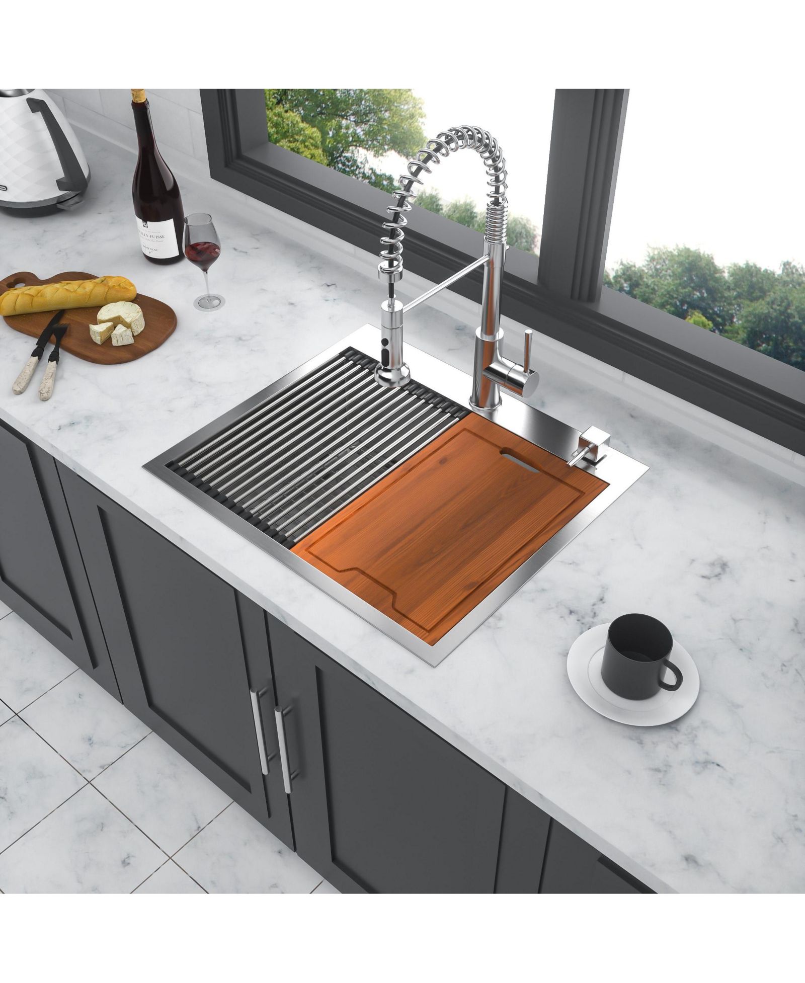 flynamab25x22x10 Inch Drop In Topmount Workstation Kitchen Sink 16 Gauge T304 Stainless Steel Single Bowl With Cutting Board Colander