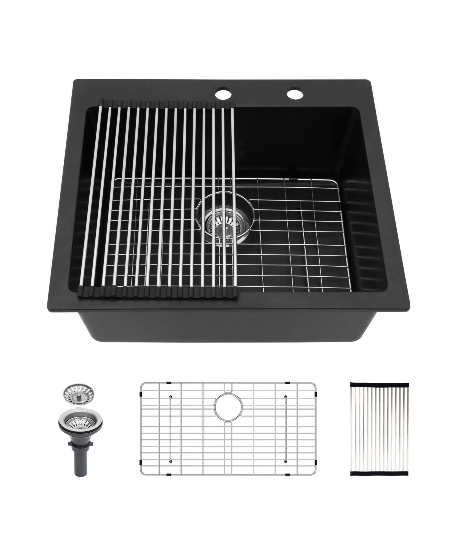 flynama 25x22x9.65inch Black Quartz Composite Kitchen Sink Drop In Single Bowl Granite