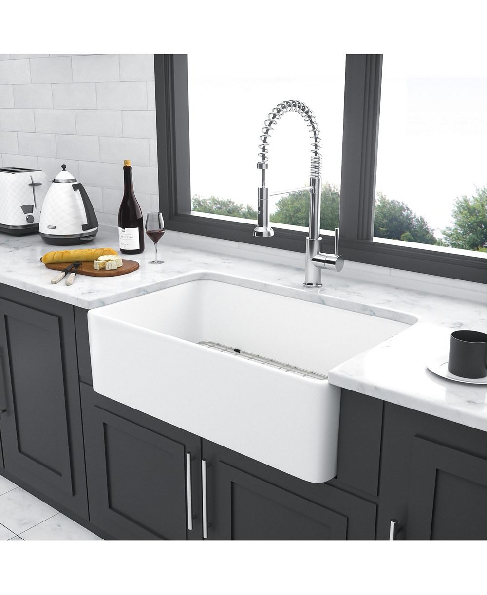 flynama 33x20x9 Inch Farmhouse Kitchen Sink Premium Porcelain Ceramic Apron Front Single Bowl With Stainless Steel Drain Assembly And Dish Grid