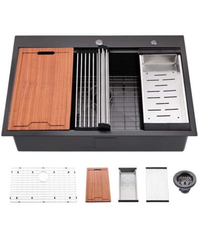 flynama 33x22x10 Inch Drop In Workstation Kitchen Sink R10 Radius SUS304 Stainless Steel Single Bowl With 5 Accessories Integrated Ledge