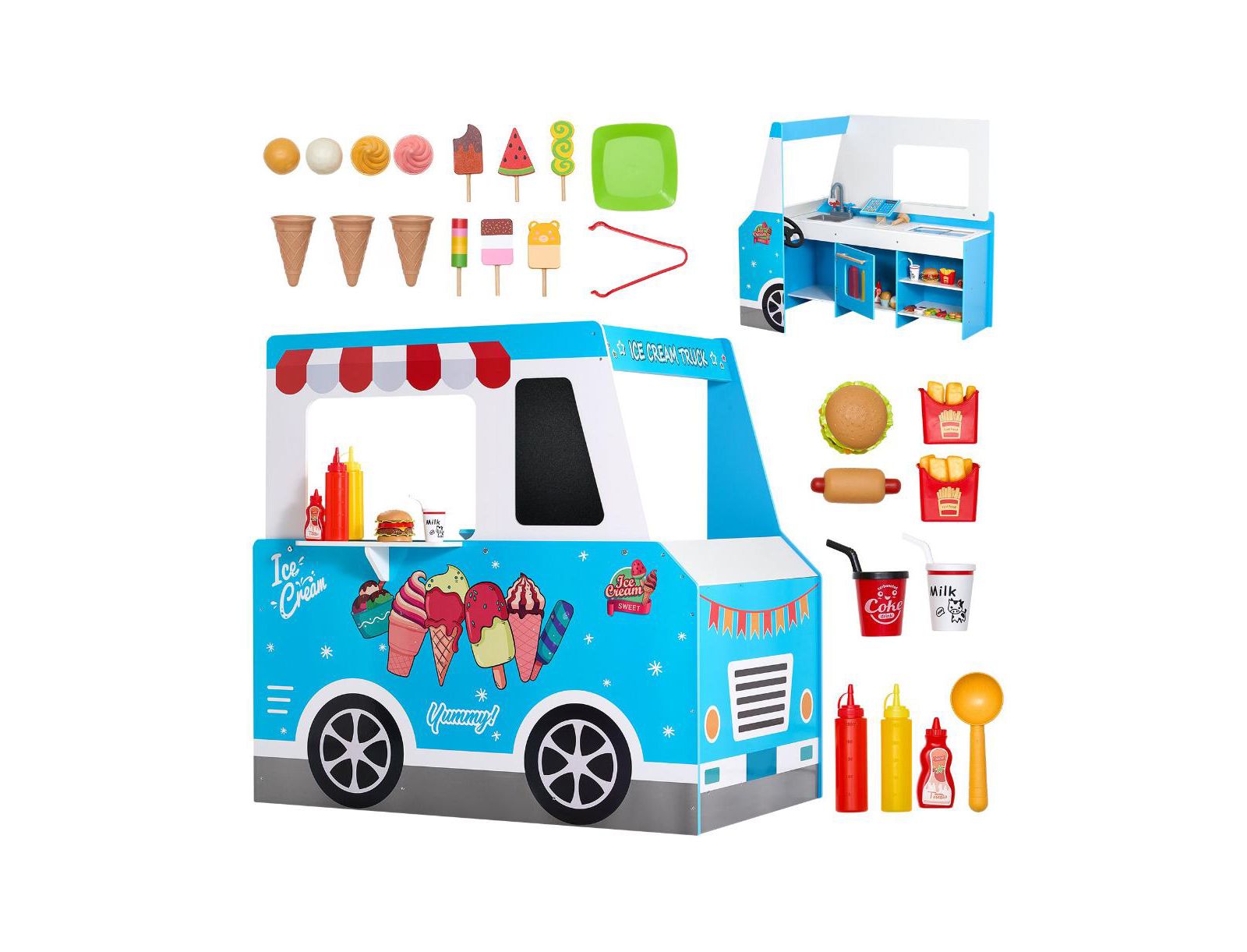 Slickblue Ice Cream Cart Steering Wheel & Chalkboard 20+ Piece Playset, Ages 3+