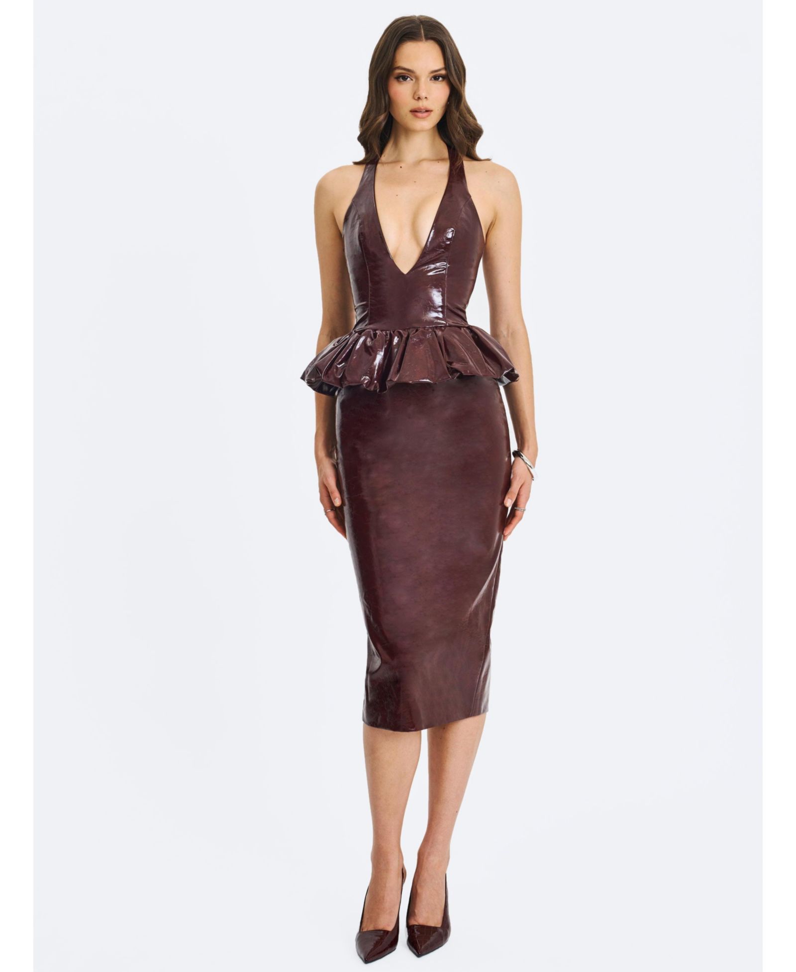 Miss Circle Women's Jaslene Mahogany Ruched Peplum Plunge Halter Midi Dress