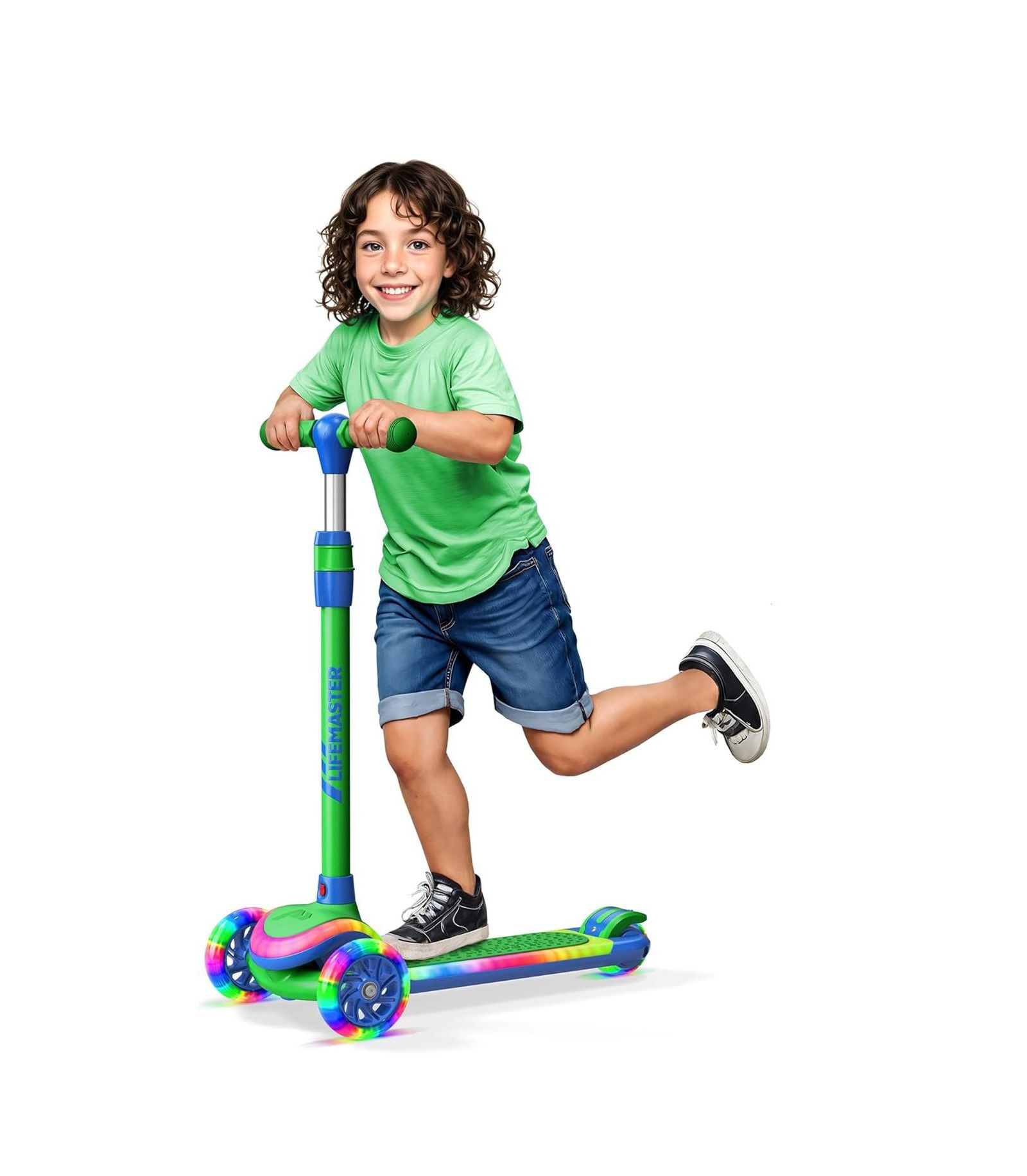 LifeMaster 3-Wheel Kids Scooter with Multi-Color Lights, 5-Height Adjustable Handlebar, Wide Anti-Slip Deck, Ages 3+, Supports 150 lbs