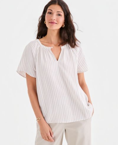 Style & Co Petite Slit V-Neck Raglan-Sleeve Cotton Top, Macy's Exclusive