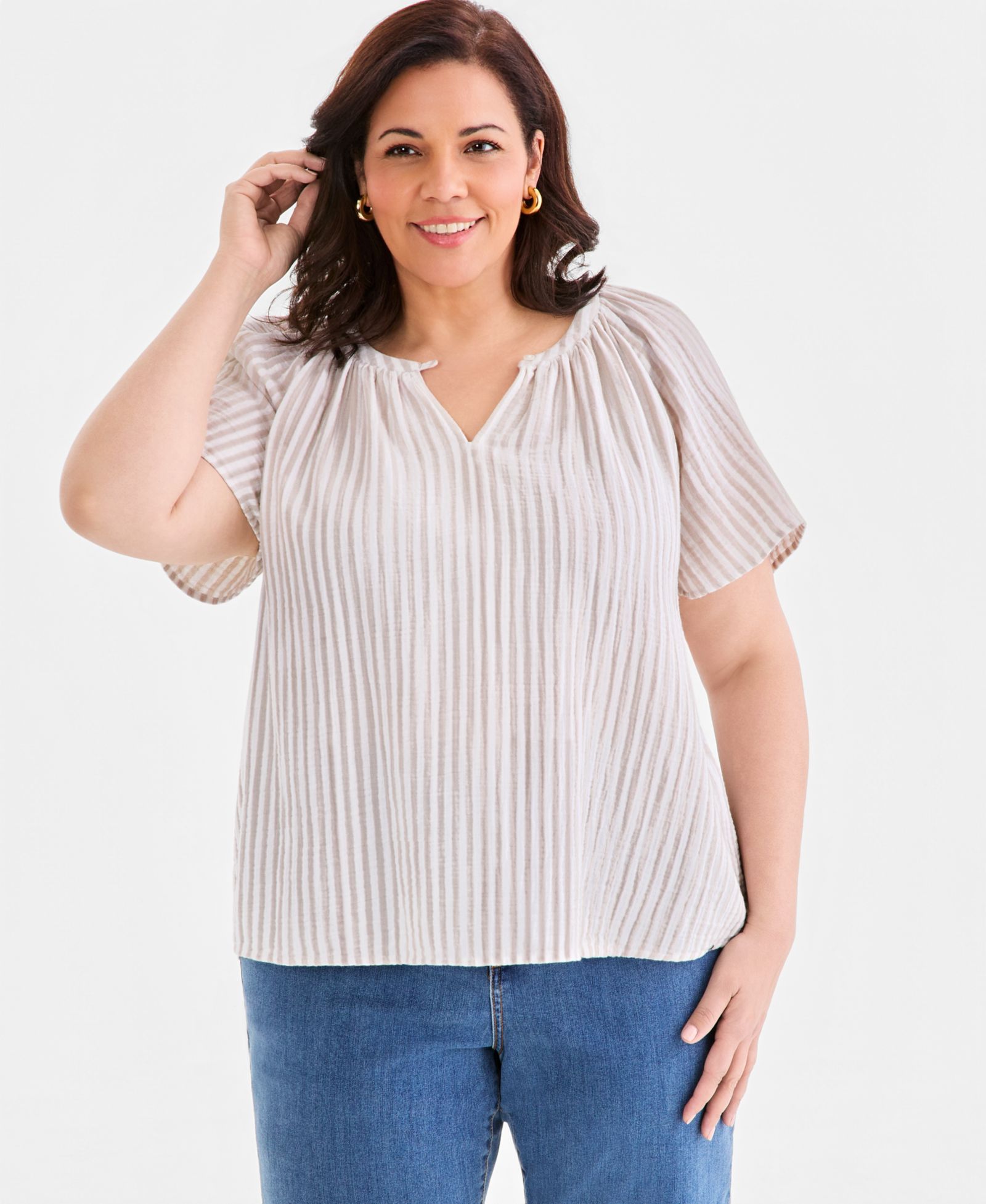 Style & Co Plus Size Striped Gauze Flutter-Sleeve Top, Macy's Exclusive