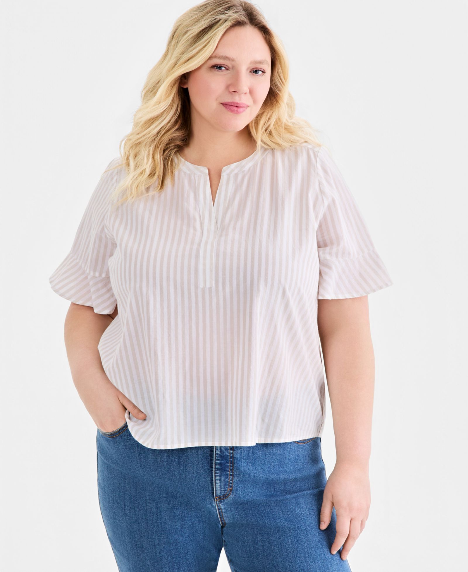 Топ Style & Co Plus Size Striped Cotton Split-Neck Popover