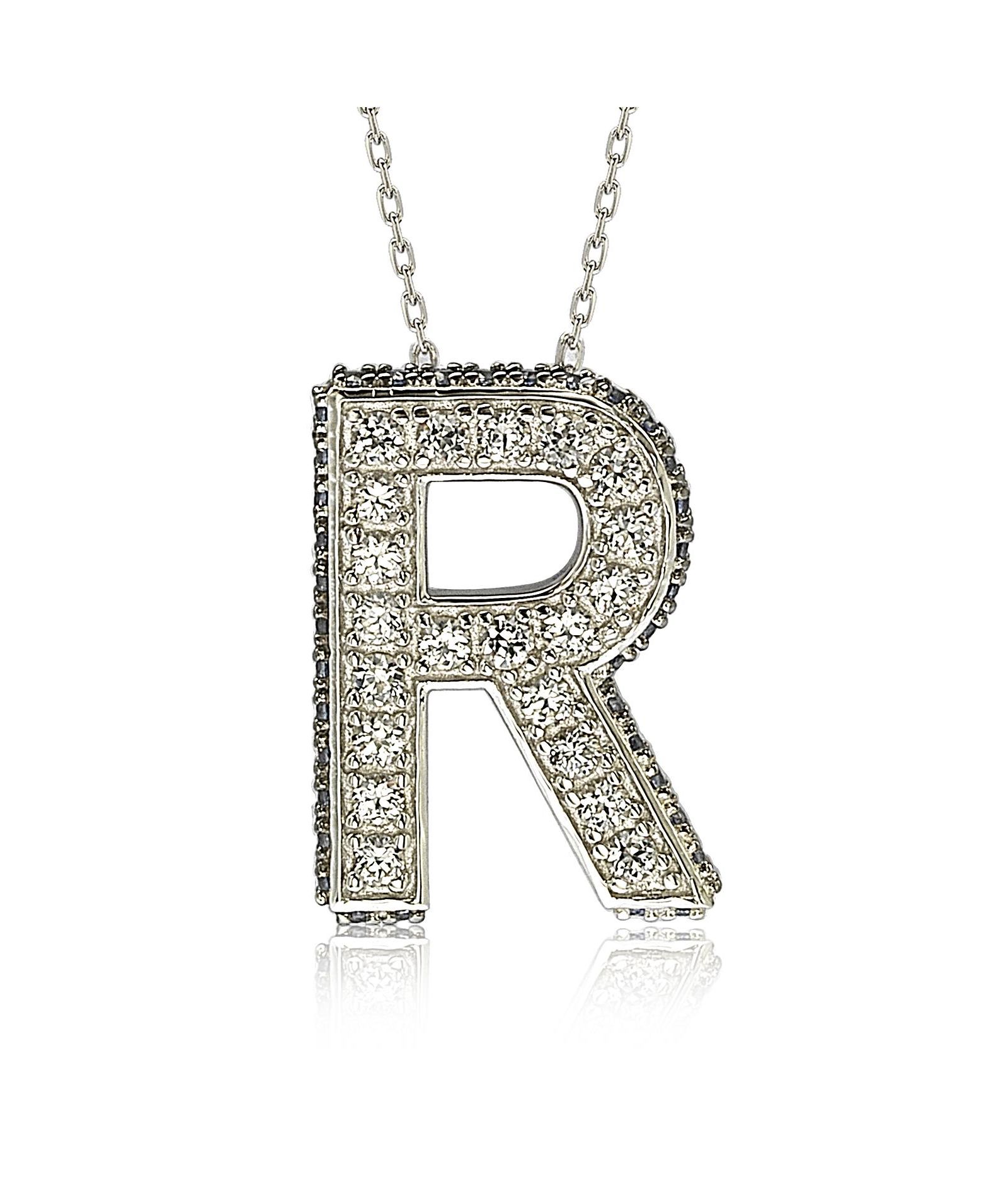 Suzy Levian Sterling Silver Sapphire 3-D Letter "R" Initial Pendant
