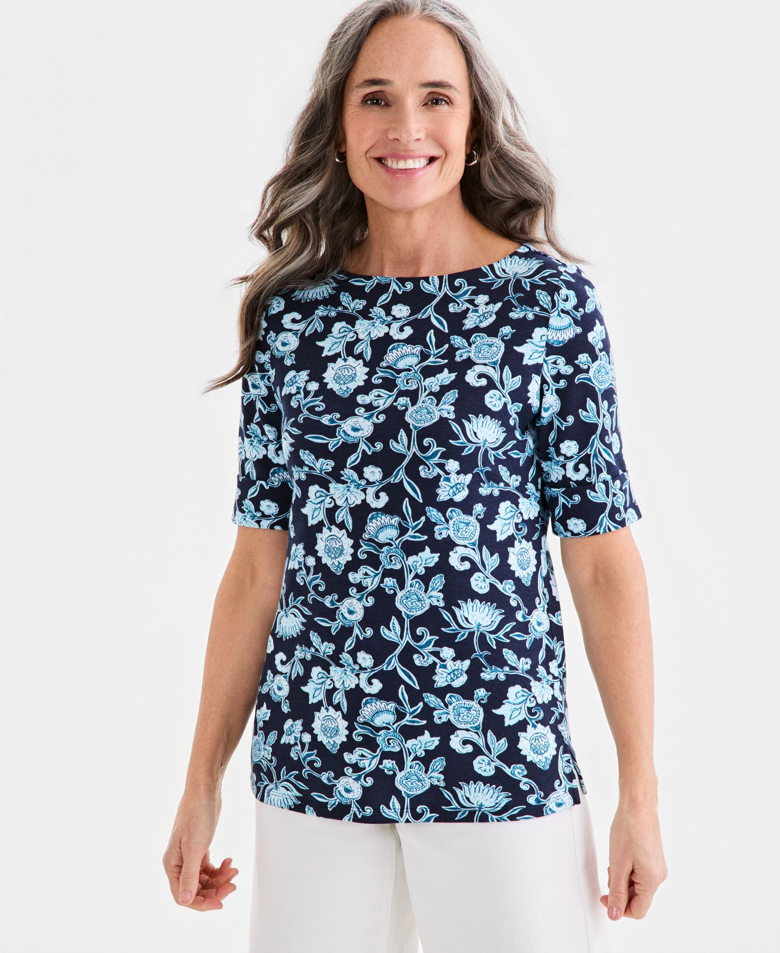 Style & Co Petite Elbow-Sleeve Fresh Paisley Print Boat Neck Top, Macy's Exclusive