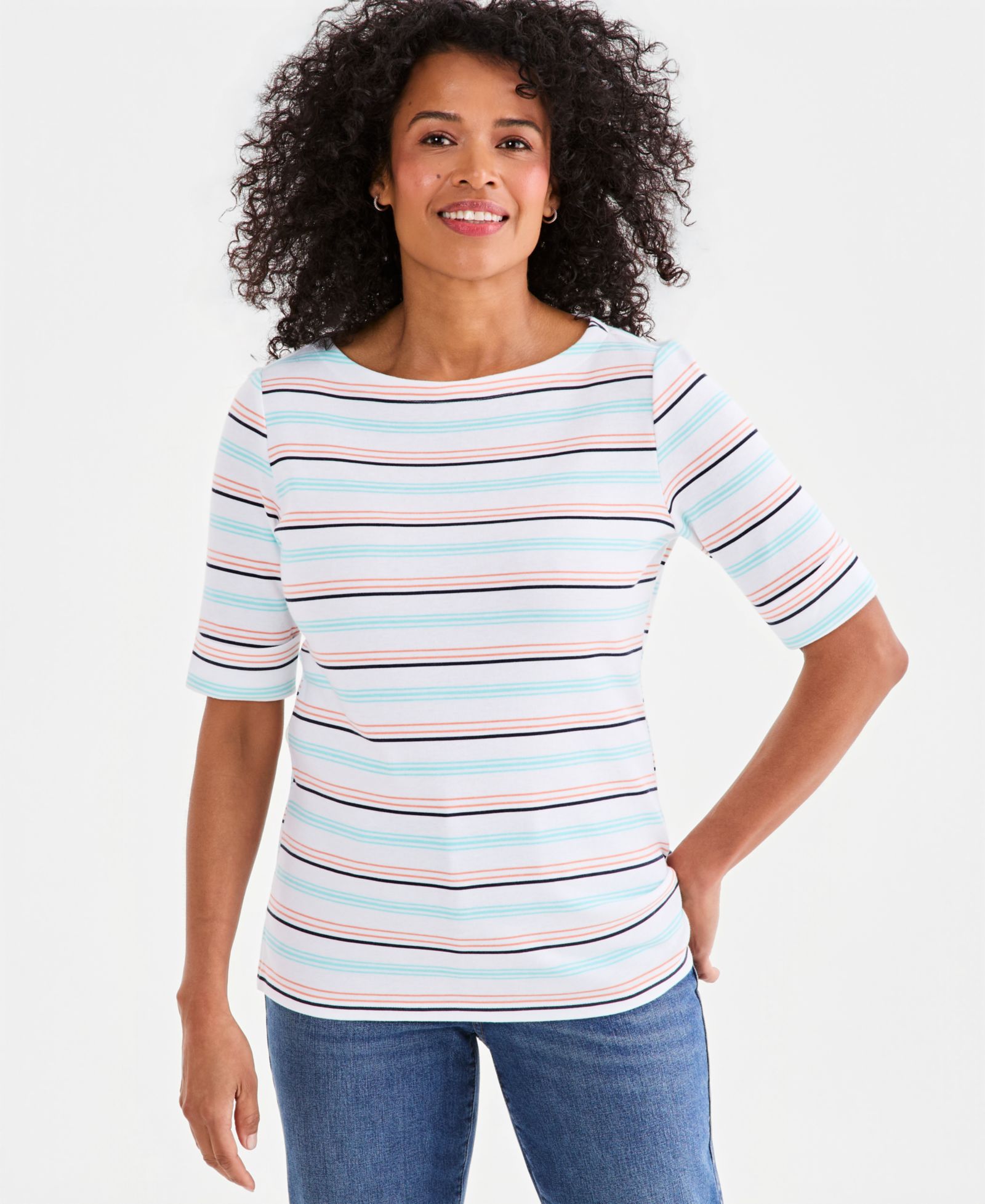 Style & Co Petite Elbow-Sleeve Kelly Stripe Boat Neck Top, Macy's Exclusive