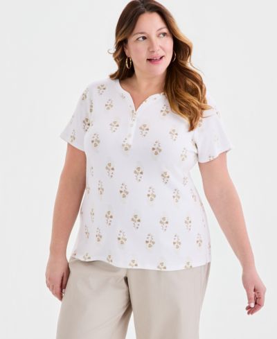 Style & Co Plus Size Printed Short-Sleeve Henley Top, Macy's Exclusive
