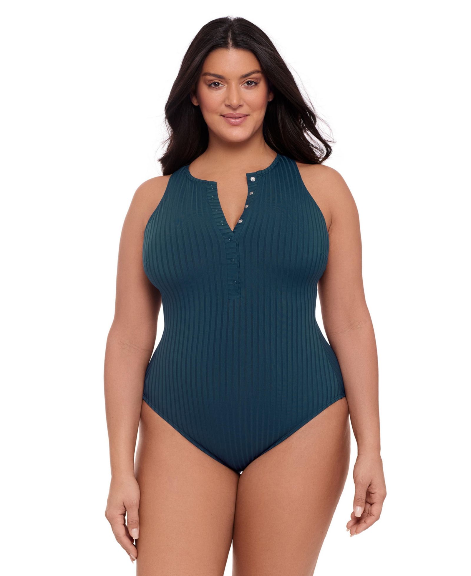S3 Apparel Women's S3 Smoothing Ribbed High-Neck Snap-Front One Piece Swimsuit