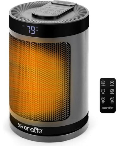 SereneLife Portable Space Heater, 1500W PTC Ceramic Heater with Thermostat, Remote, 12-Hour Timer, 3 Modes, Oscillation, Grey