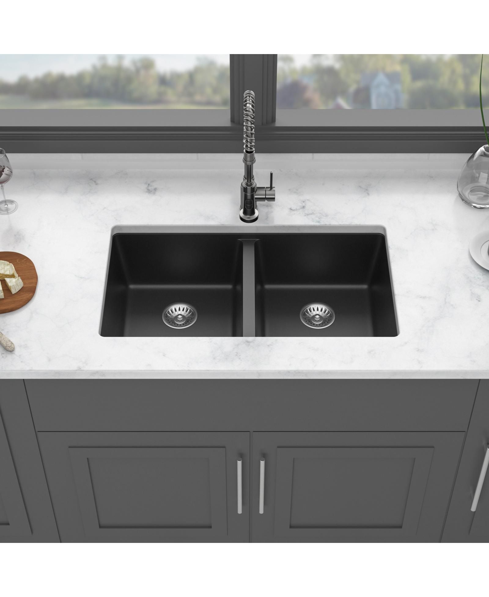 flynama huluwat Black Quartz Composite Kitchen Sink Double Bowl Undermount