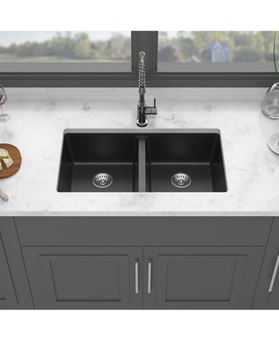 flynama huluwat Black Quartz Composite Kitchen Sink Double Bowl Undermount