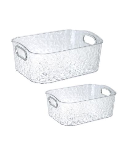 Trio Essentials 2-Pack Clear Plastic Storage Bins with Silver Handles, Two Sizes for Bathroom, Kitchen, Pantry, Closet, Vanity