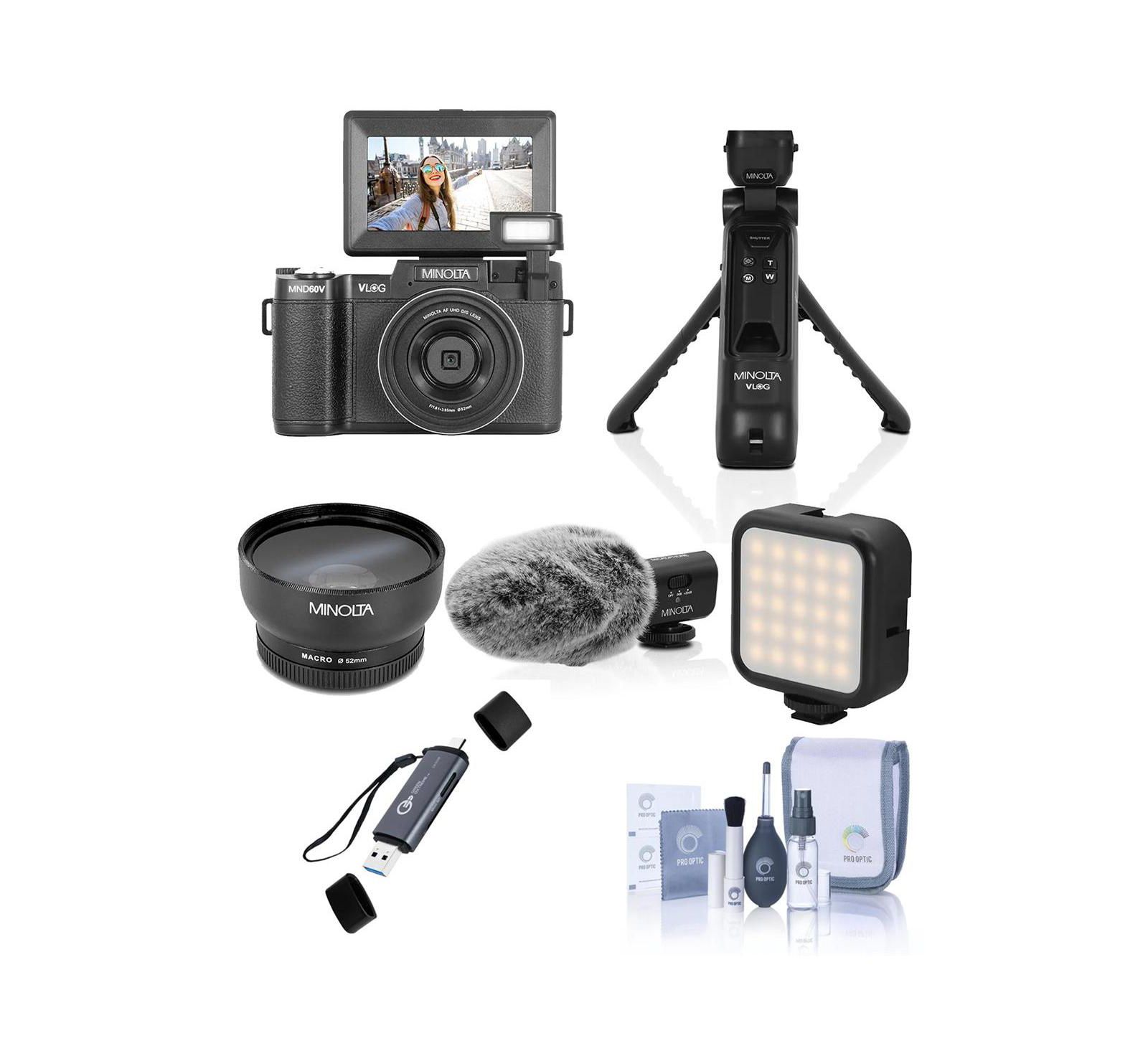Комплект камеры для влогинга и создания контента Minolta MND60V 64MP 4K60FPS Ultra HD с автофокусом, включая USB 3.0 картридер и набор для чистки