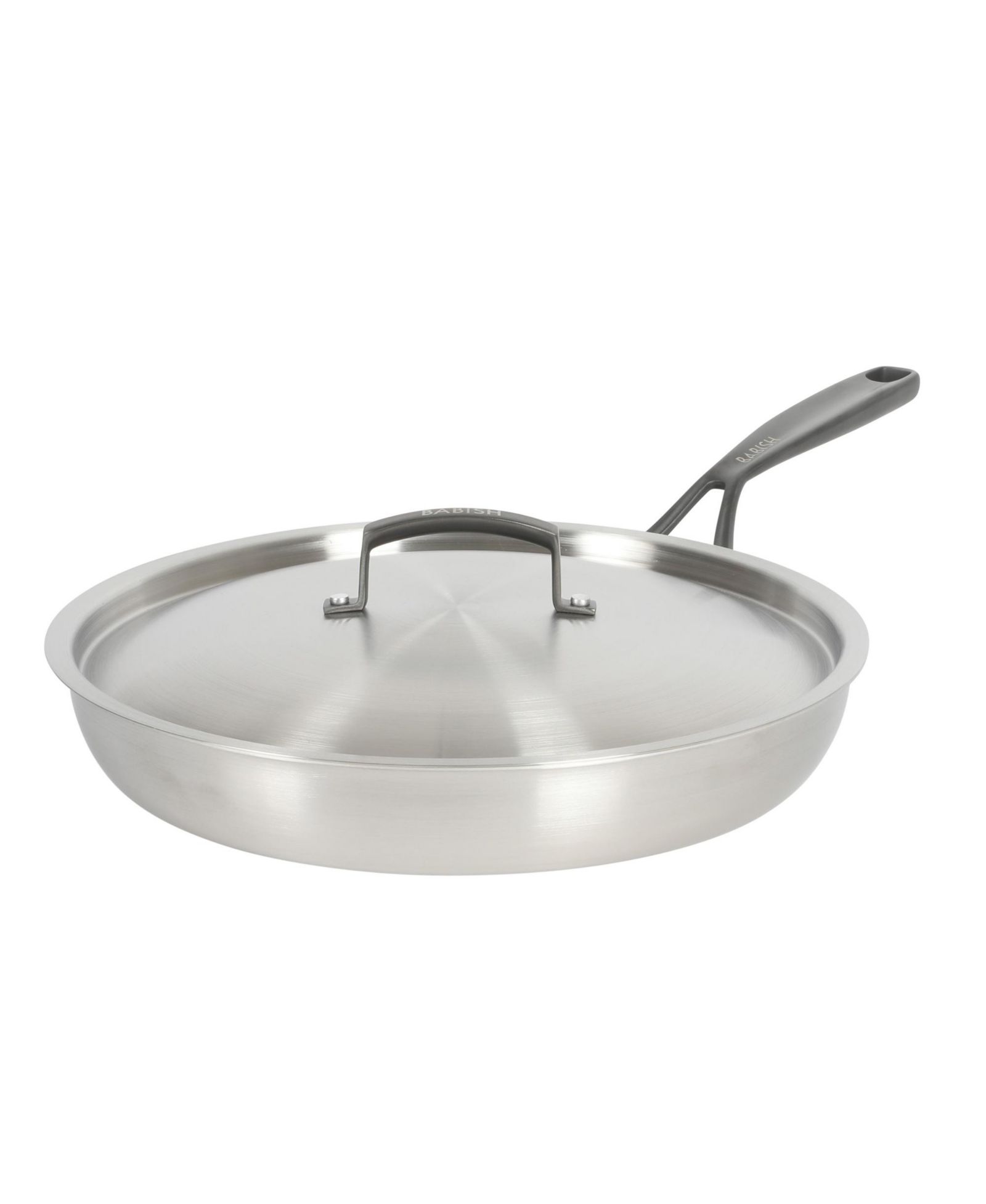 Babish 12-Inch Tri-Ply Stainless Steel Frying Pan with Lid & Black Handle – Professional Grade Skillet for Searing, Sauteing & Even Heat Cooking