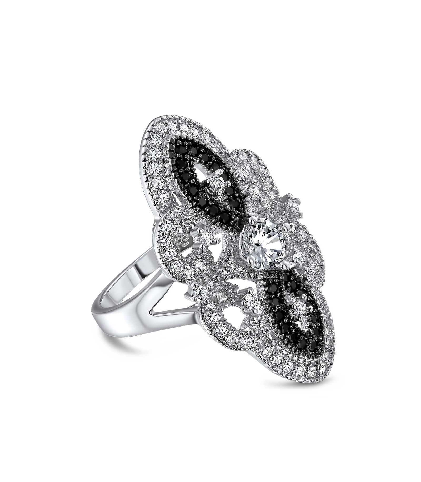Bling Jewelry Art Deco Black White CZ Filigree Statement Full Finger Ring Silver Plated