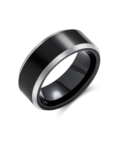 Bling Jewelry Classic Black Titanium Wedding Band Ring Two Tone Beveled Edge Comfort Fit 8MM