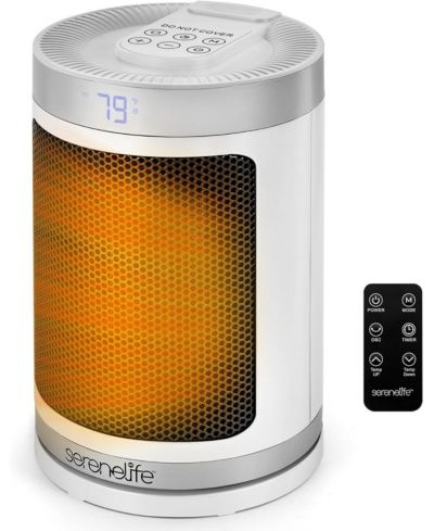 SereneLife Portable Space Heater, 1500W PTC Ceramic Heater with Thermostat, Remote, 12-Hour Timer, 3 Modes, Oscillation, White