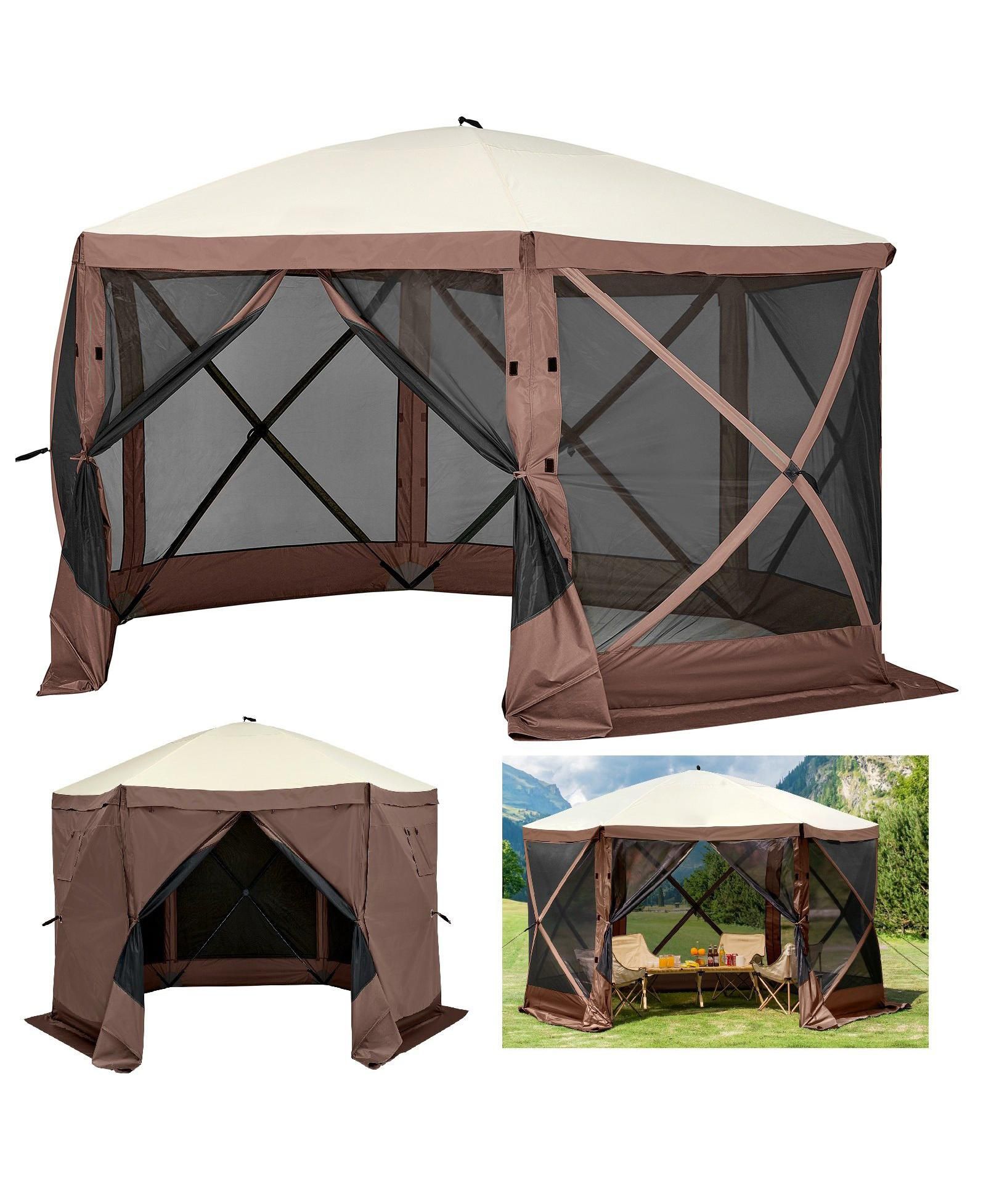 Mecale 12 x 12 ft 6-Sided Pop-Up Gazebo Screen Tent, Mesh Windows, Carry Bag, Ground Stakes, Large Shade Canopy for Outdoor Use