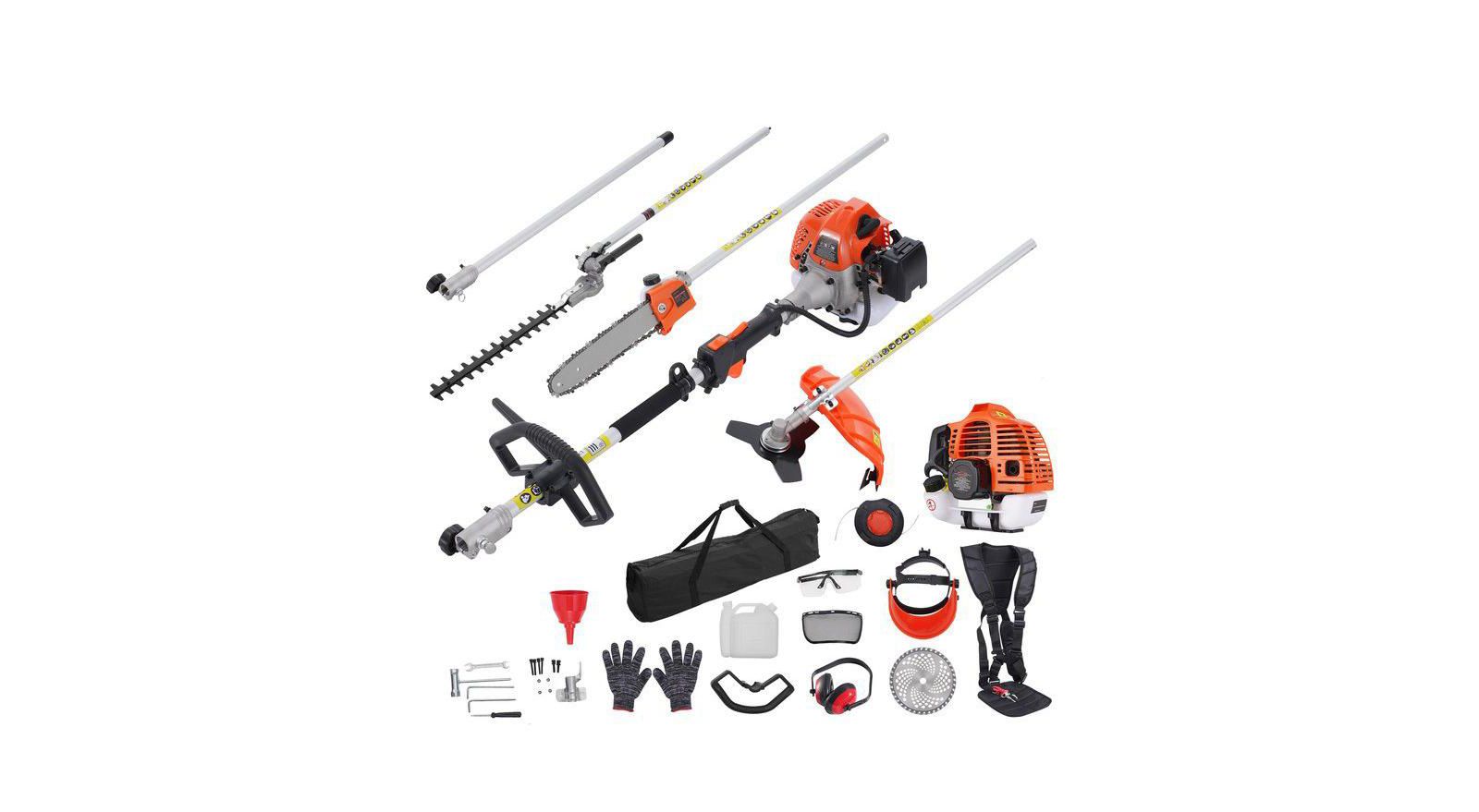 Mecale 43CC 6-in-1 Gas Trimming Tool Set, Hedge Trimmer, String Trimmer, Brush Cutter, Edger, Pole Saw, Chainsaw Pruner, Extension Pole