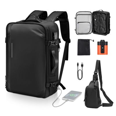 Mecale 65L Expandable Vacuum Seal Compression Travel Backpack with Pump, TSA-Approved Lock, Water-Resistant Carry-On Luggage, Black