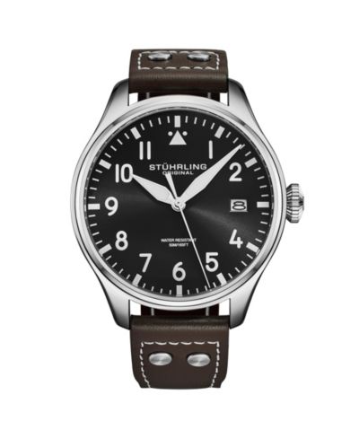 Мужские кварцевые пилотские часы Stuhrling Airman 4078, 43mm Alloy Case с кожаным ремешком