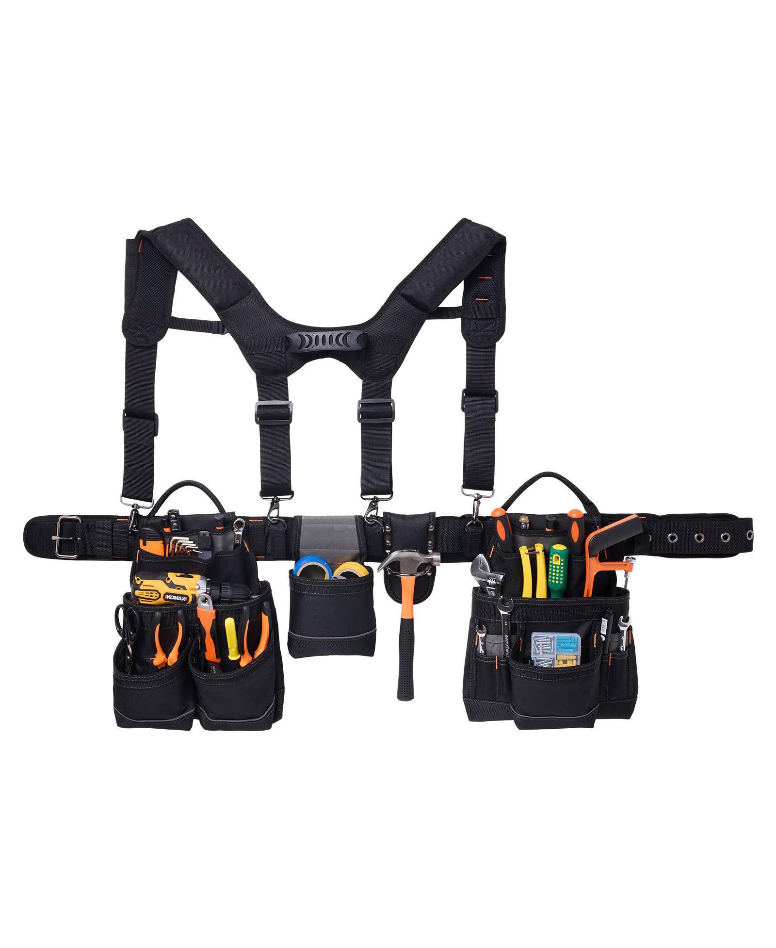 Mecale Tool Belt with Suspenders, 19 Pockets Heavy-Duty Tool Pouch, Adjustable Waist 31–51 in, Detachable Suspension Rig
