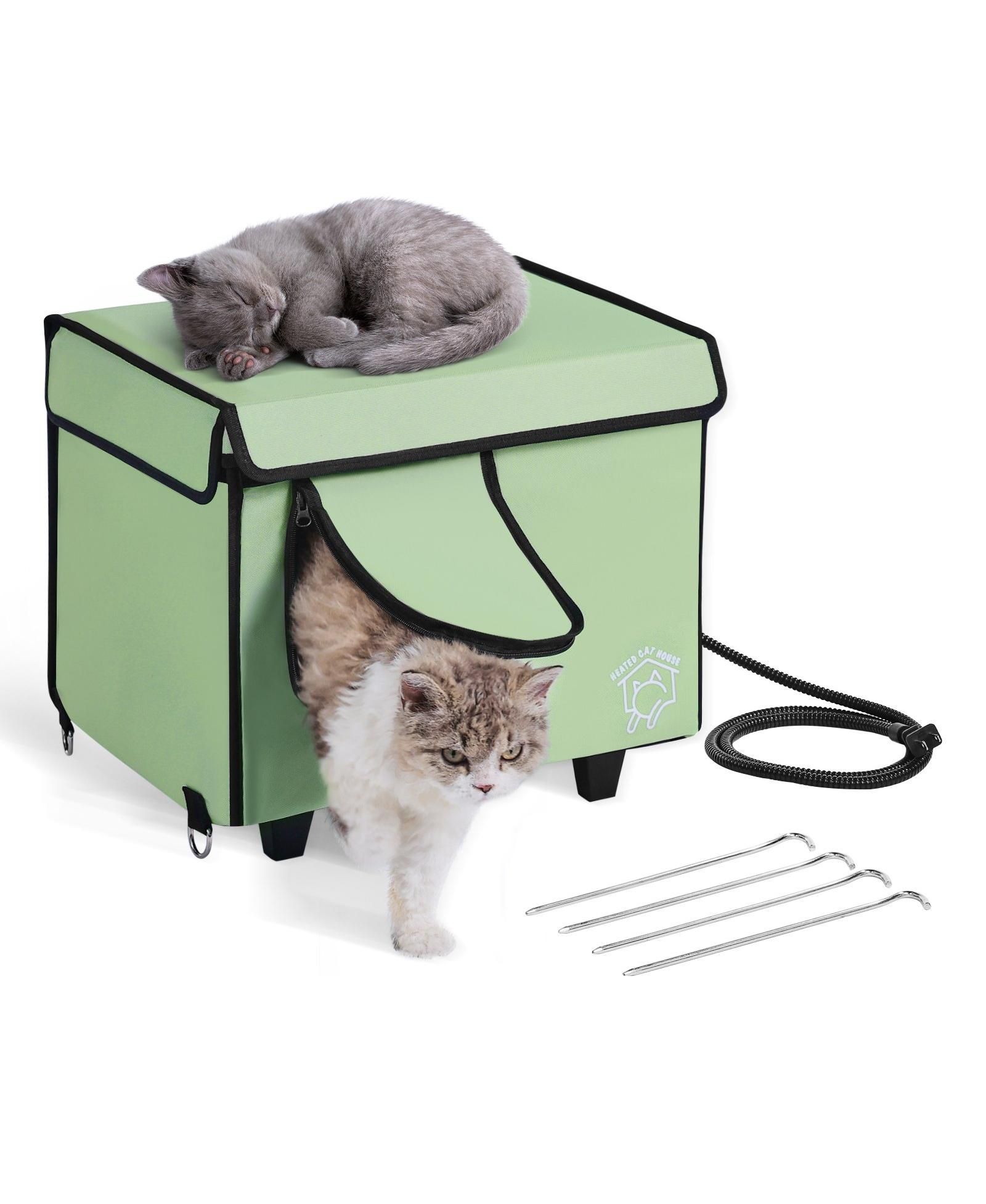 Mecale Elevated Heated Cat House with Timer, Adjustable Temperature, 900D Oxford Cloth Foldable Shelter with Heated Pad, Green, Small