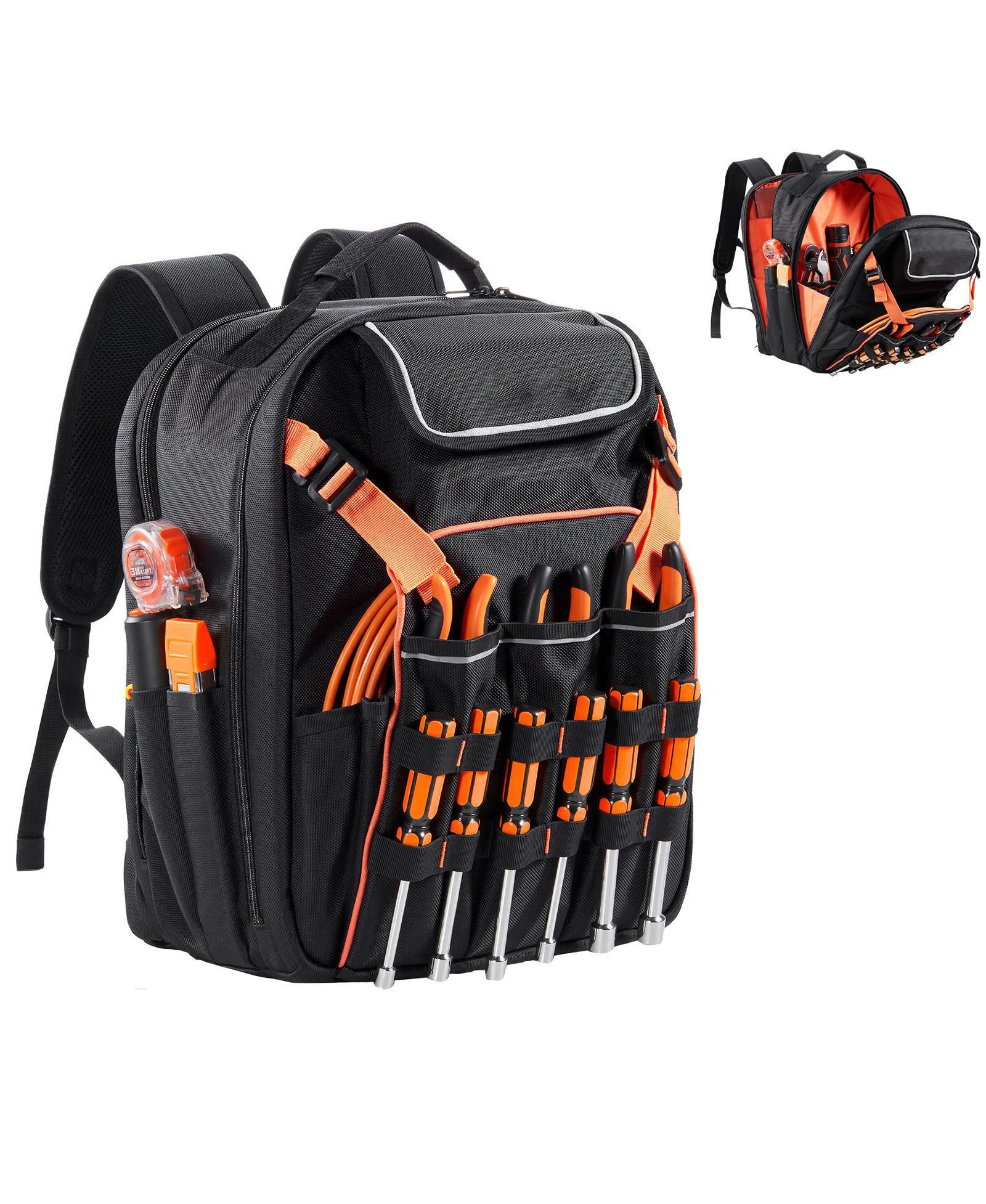 Mecale Tool Backpack, 45 Pockets, Heavy-Duty Tool Organizer with Laptop Compartment & Reinforced Fabric Base, Electrician Jobsite Bag
