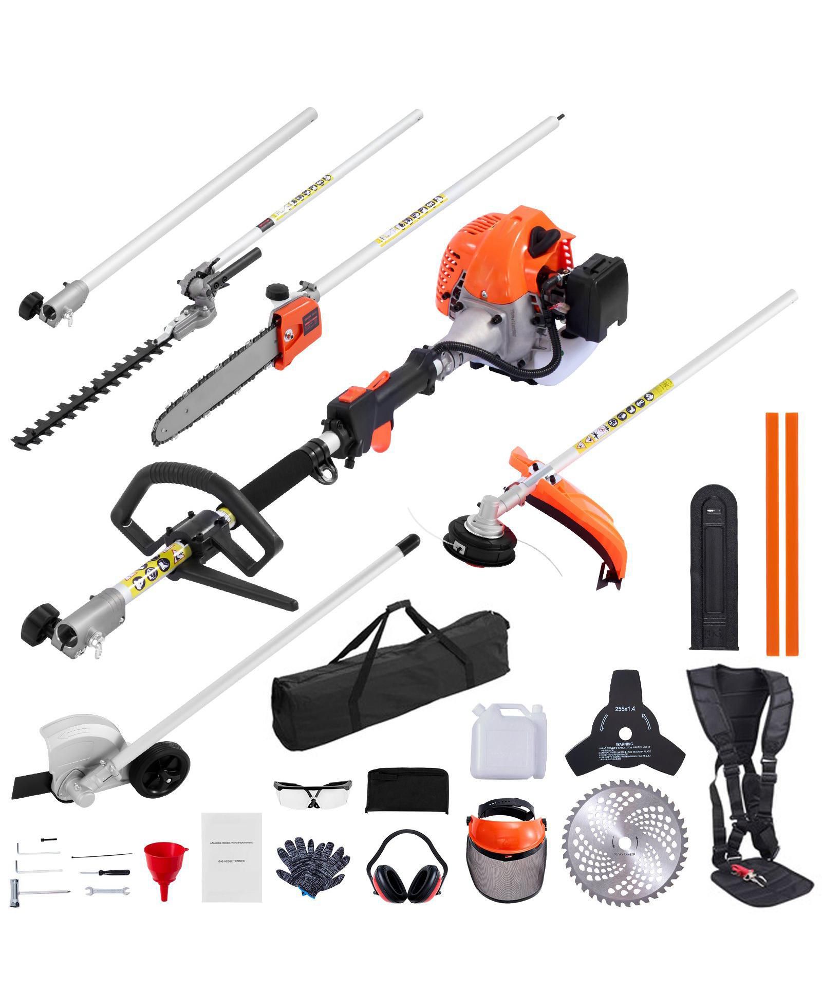 Mecale 26CC 6-in-1 2-Cycle Gas Trimmer Tool Set, Hedge & String Trimmer, Brush Cutter, Edger, Pole Saw, Extension Pole, Gear Set