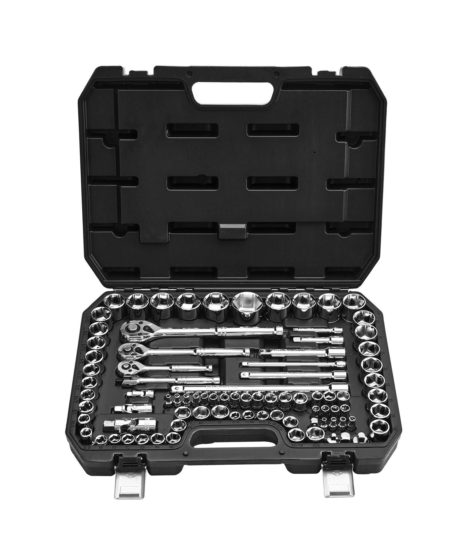 Mecale 86-Piece Socket & Ratchet Set, 1/4" 3/8" 1/2" Drive SAE & Metric, Ratchet, Accessories, Storage Case, CR-V Steel