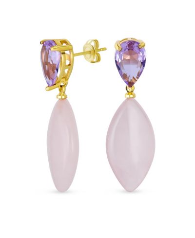 Серьги Bling Jewelry Gemstone Pink Quartz Rhombus Teardrop Purple CZ и свисающие, с золотым напылением