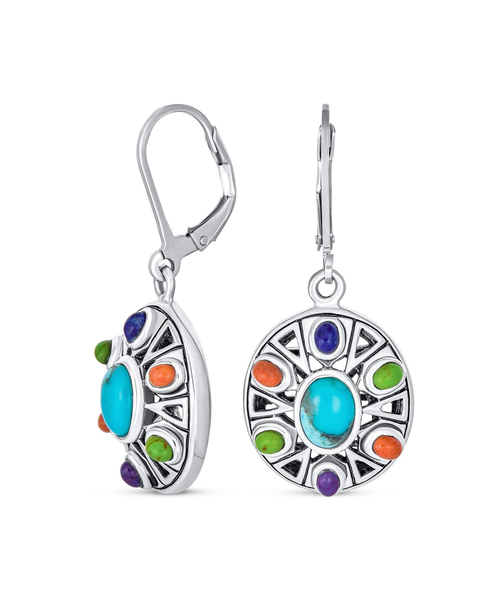 Bling Jewelry Native American Style Multi Color Stones Lapis Turquoise Coral Drop Earrings .925 Sterling Silver