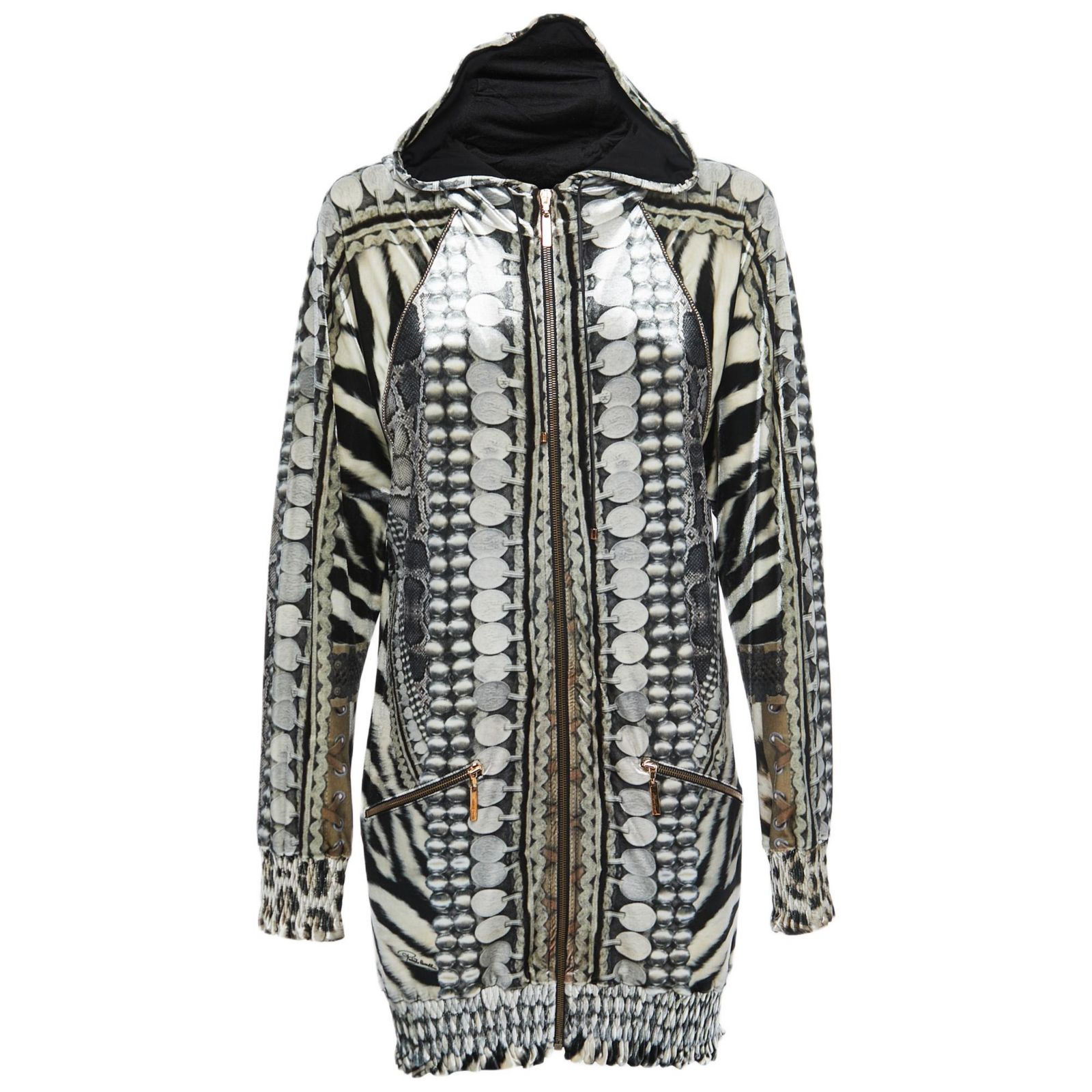 Pre-Owned Roberto Cavalli Women's Black/white Printed Velvet Zip Front Hooded Jacket