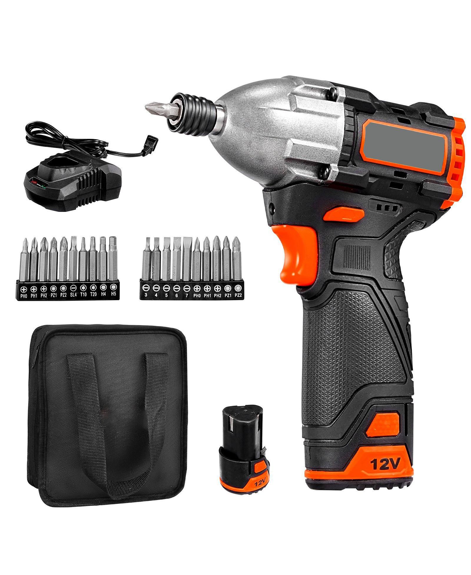 Ударный гайковерт Mecale 12V Brushless 1/4" Impact Driver Kit, 3000 RPM Max, с аккумулятором и зарядным устройством, 20 бит, LED свет, беспроводной