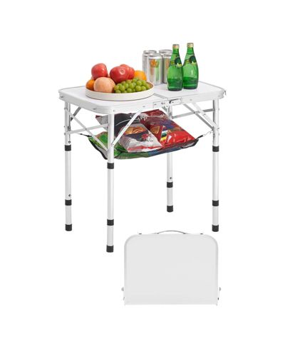 Mecale Folding Camping Table, Adjustable Height Aluminum & MDF with Mesh Shelf, Carry Handle, 24x16", Silver