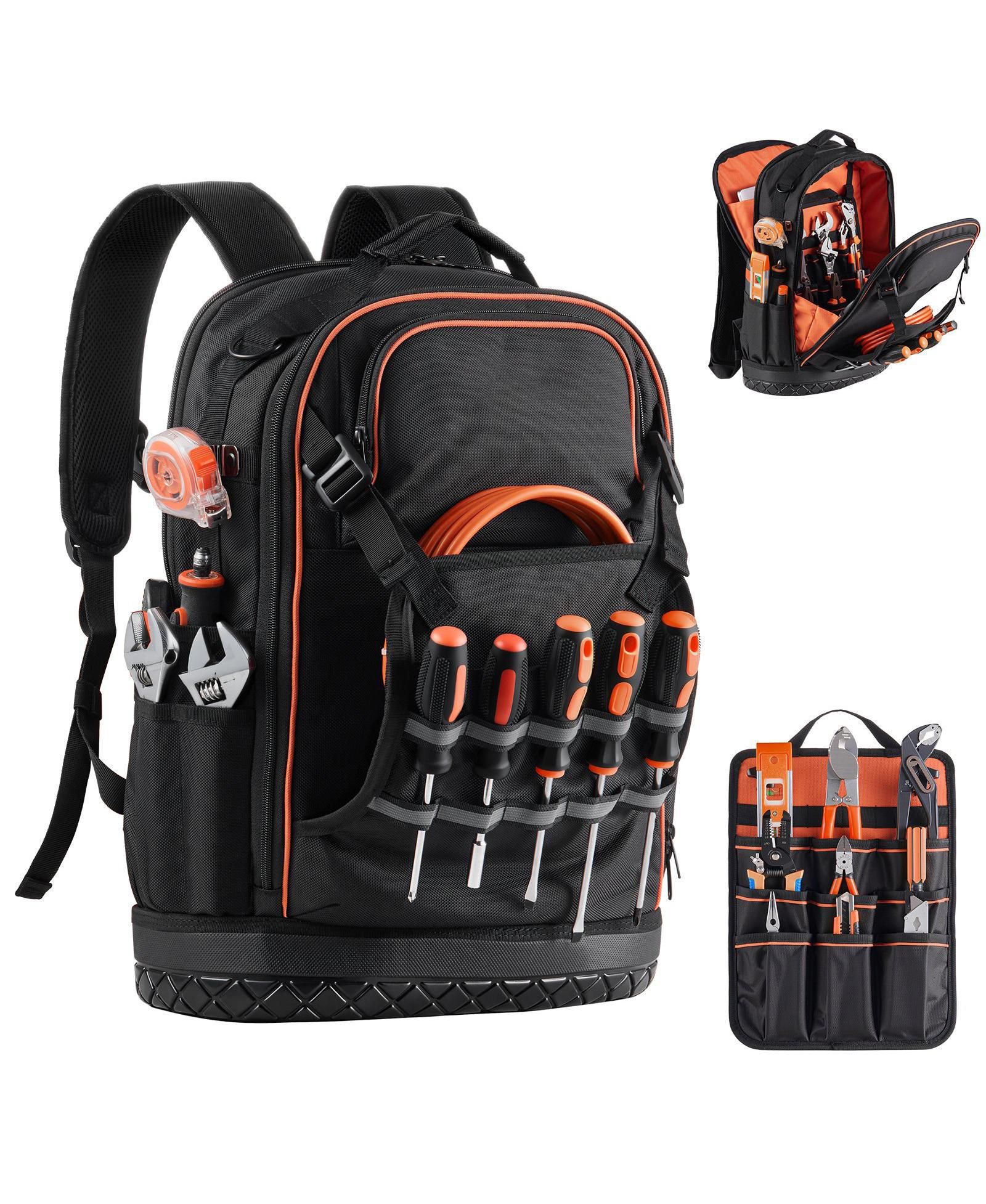 Mecale Tool Backpack, 65 Pockets, Heavy-Duty Tool Storage Organizer with Laptop Compartment & Molded Base, Electrician Jobsite Backpack