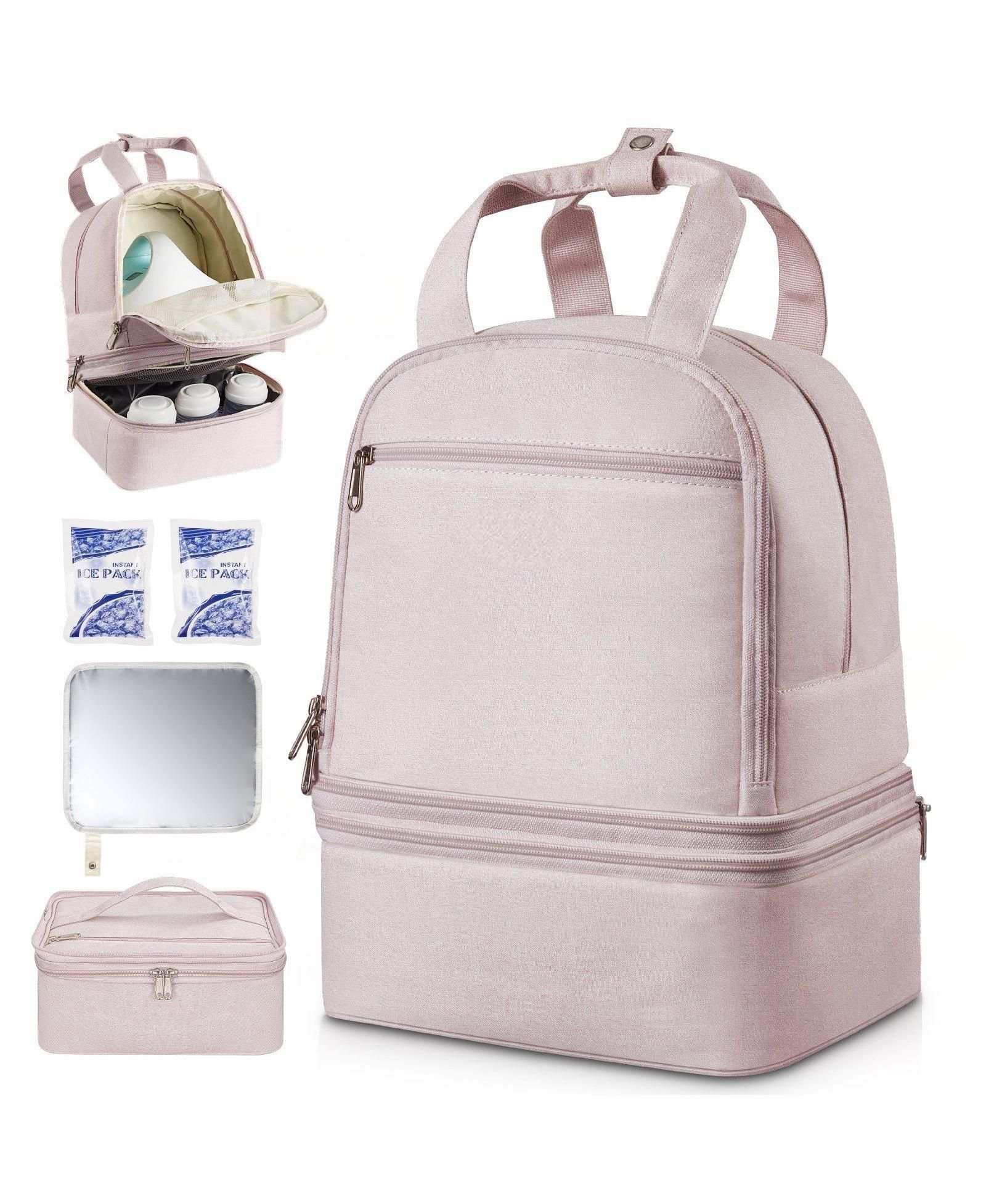 Mecale Breast Pump Backpack with Ice Pack, Fits S1/S2, Storage for Pump Accessories & Breastmilk, Portable Carrying Bag, Light Pink