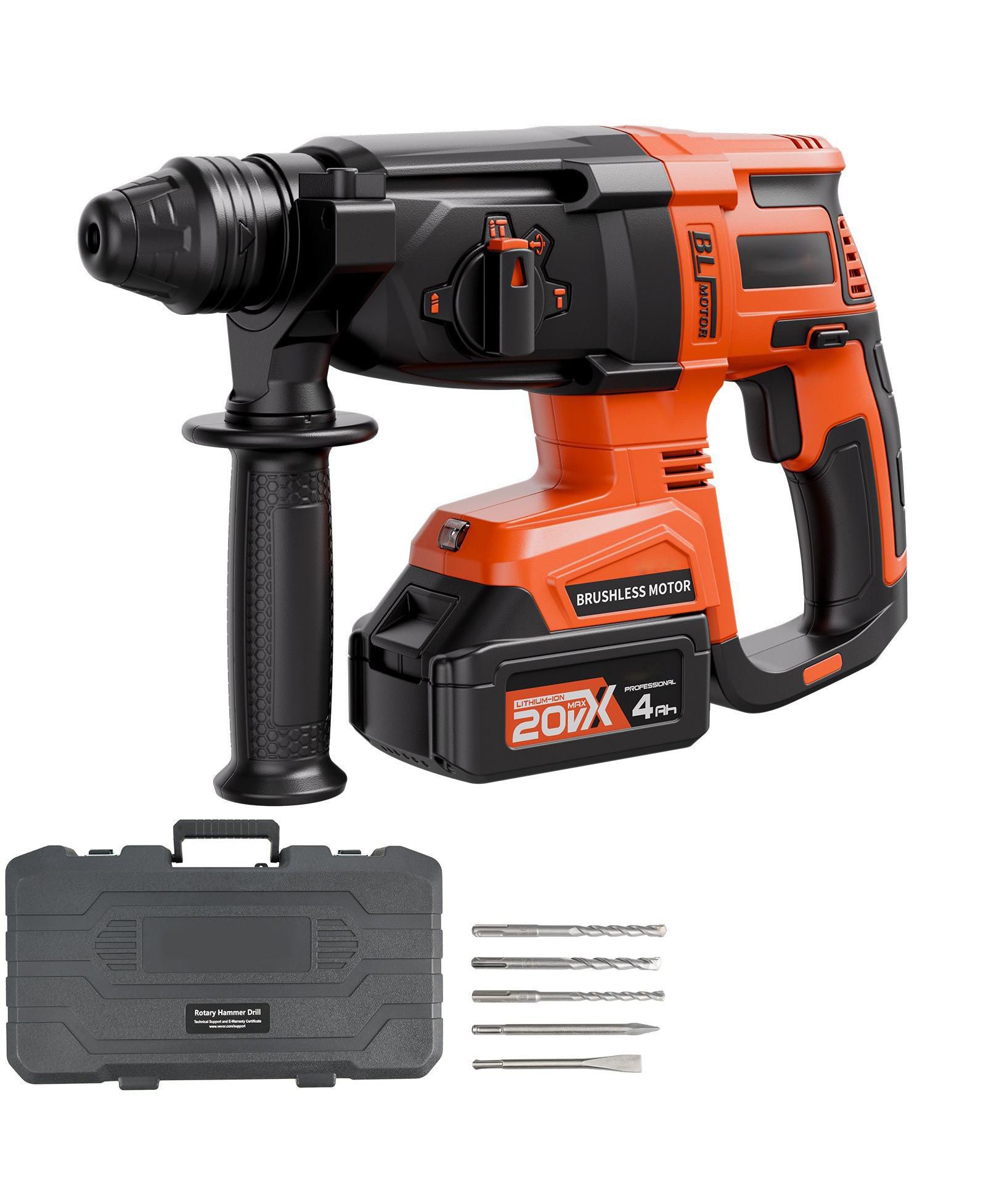 Mecale 20V Brushless Cordless SDS-Plus Rotary Hammer Drill, 1" Capacity, 4 Functions, 1200 RPM, 5300 BPM, Battery & Charger Included