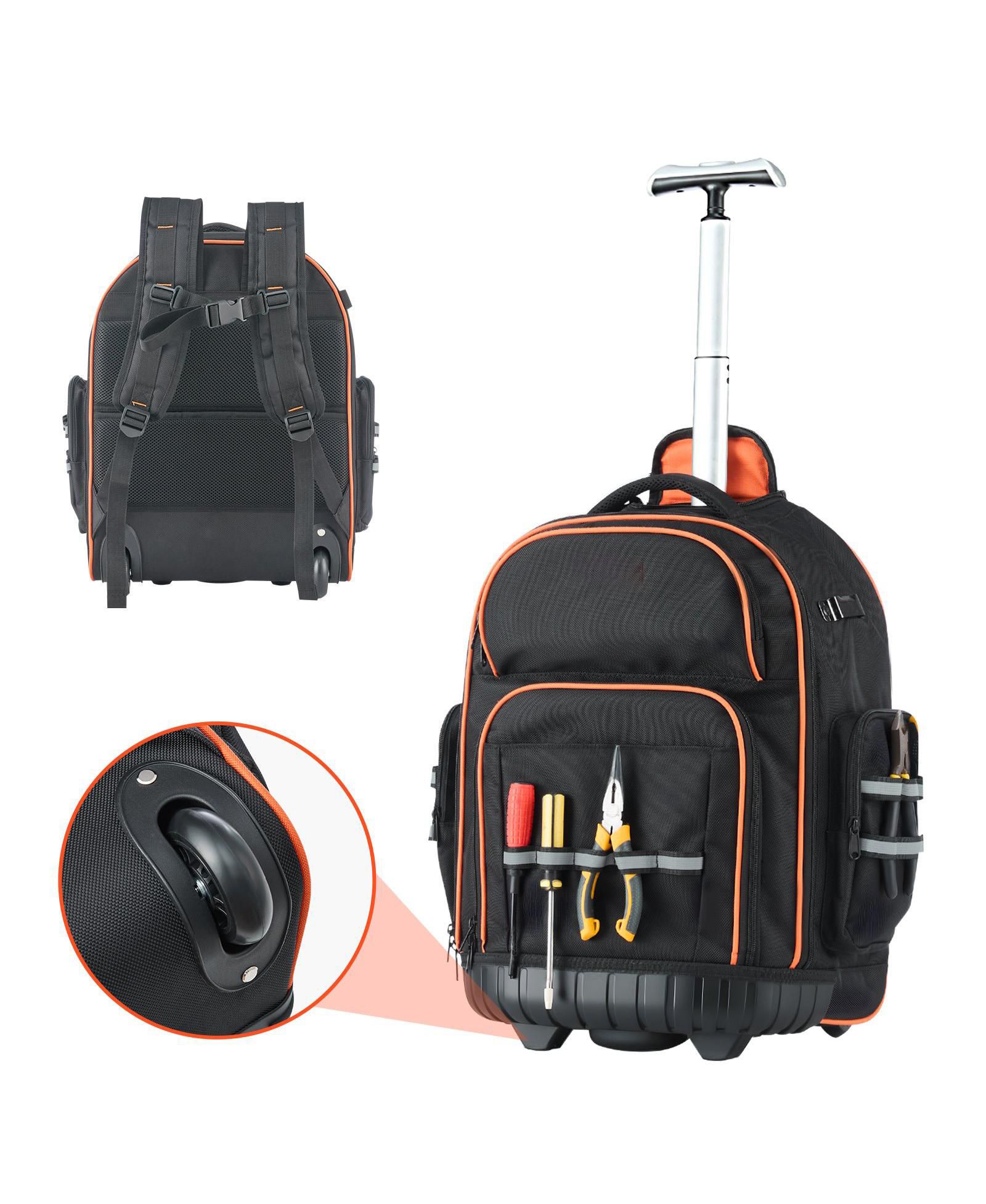 Mecale Rolling Tool Backpack on Wheels, 110 lb Capacity, 45 Pockets, Heavy-Duty Tool Organizer, Telescoping Handle, Stable Base